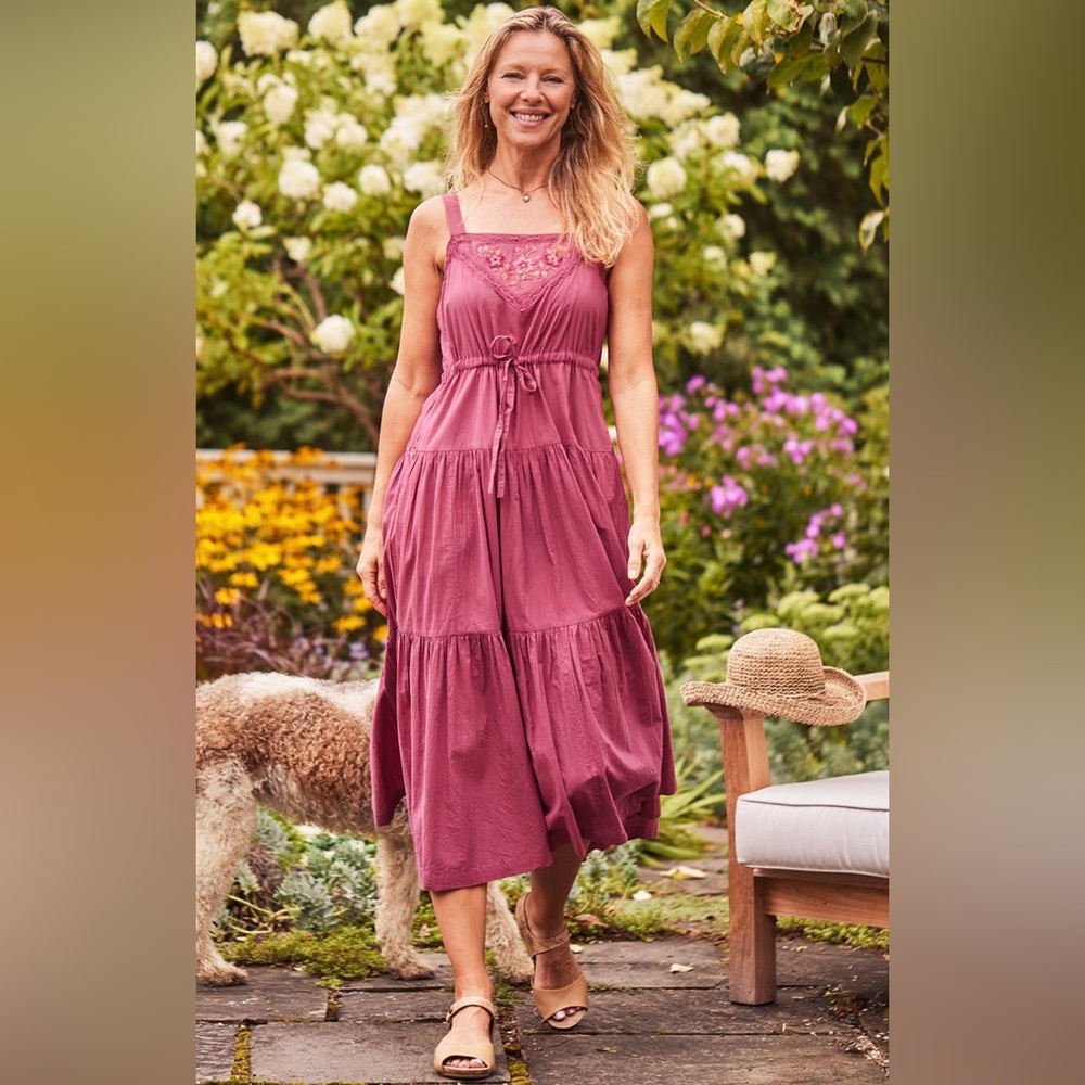 April Cornell Rose-Pink Tiered Maxi Dress with Lace Bodice